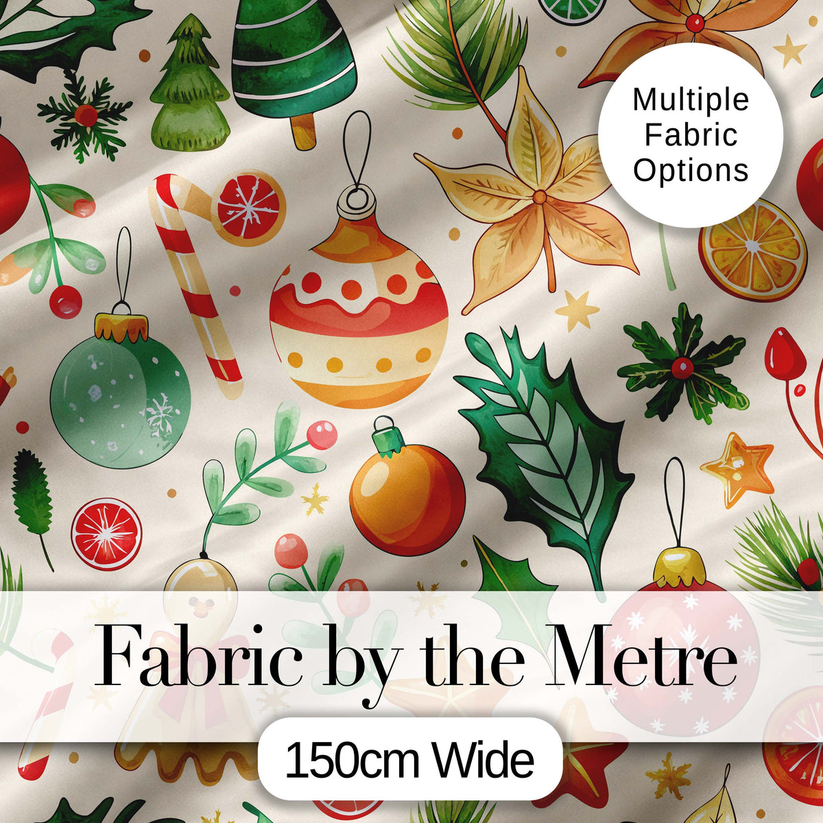 Cute Christmas Ornaments Candy Cane Citrus Leaves Festive Seamless Pattern Digital Print Fabric by the Metre UK Sewing Quilting Textile