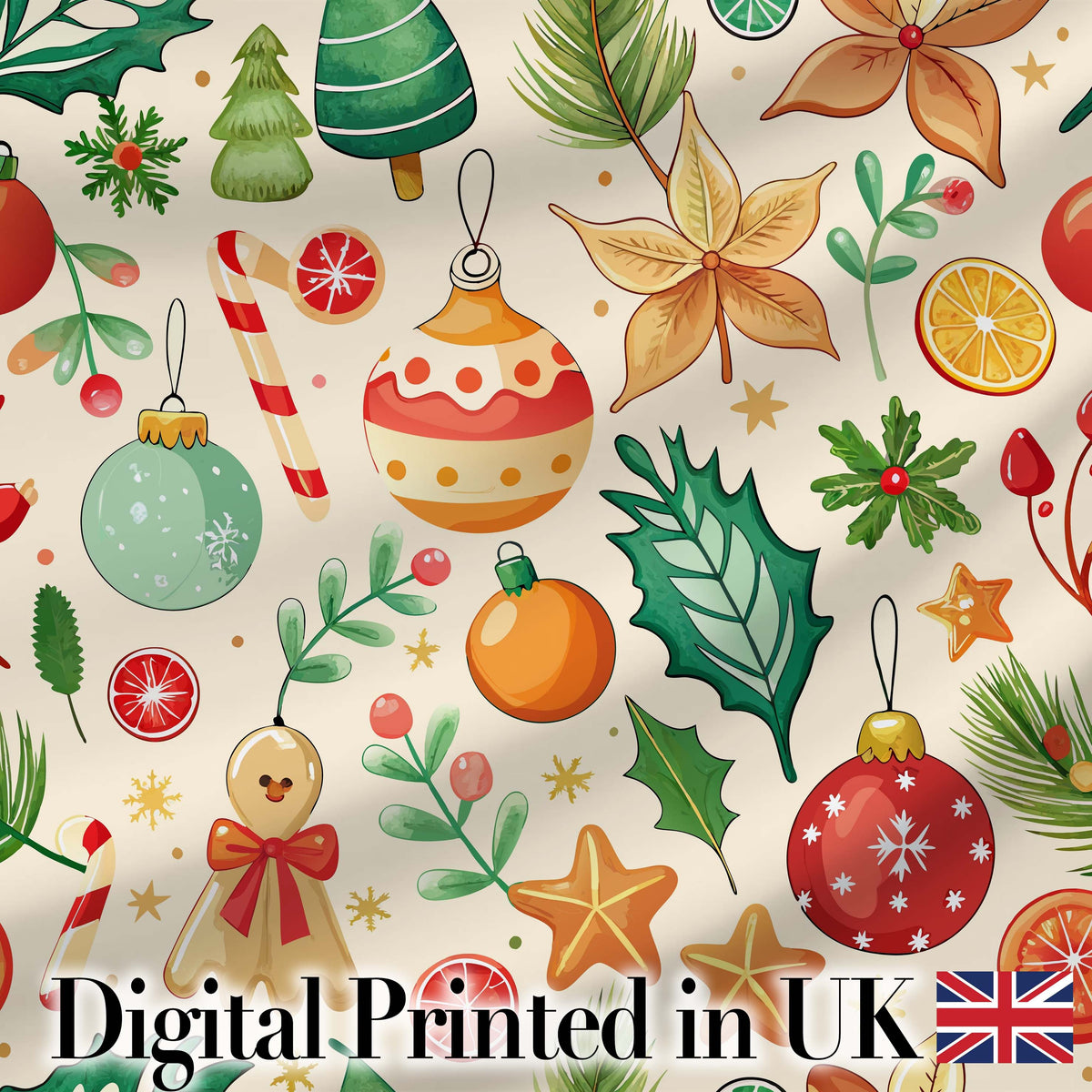 Cute Christmas Ornaments Candy Cane Citrus Leaves Festive Seamless Pattern Digital Print Fabric by the Metre UK Sewing Quilting Textile