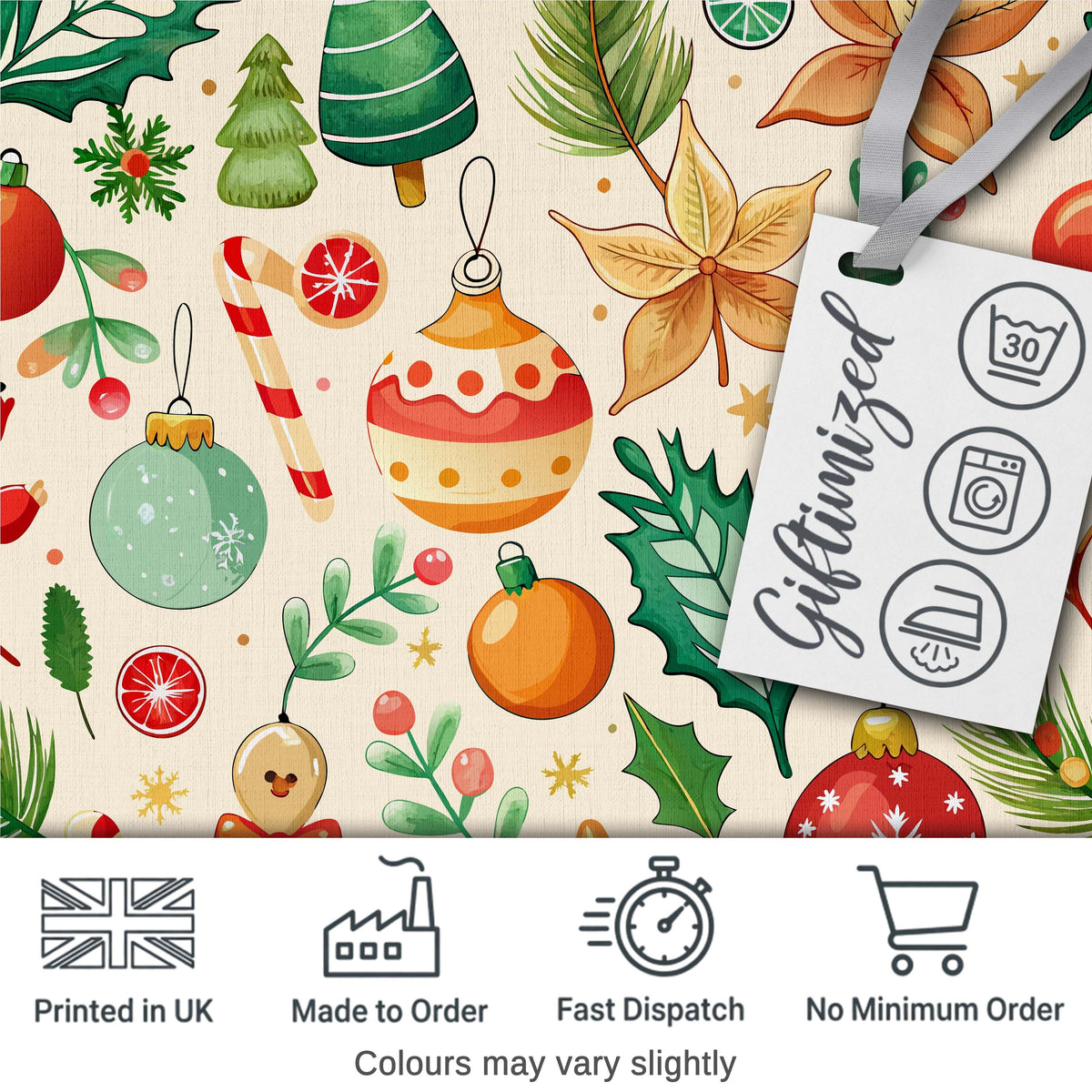 Cute Christmas Ornaments Candy Cane Citrus Leaves Festive Seamless Pattern Digital Print Fabric by the Metre UK Sewing Quilting Textile