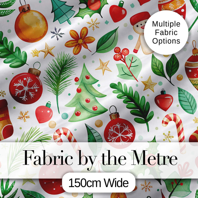 Cute Christmas Tree Snowman Candy Cane Baubles Seamless Pattern Digital Print Fabric by the Metre UK Sewing Quilting Textile