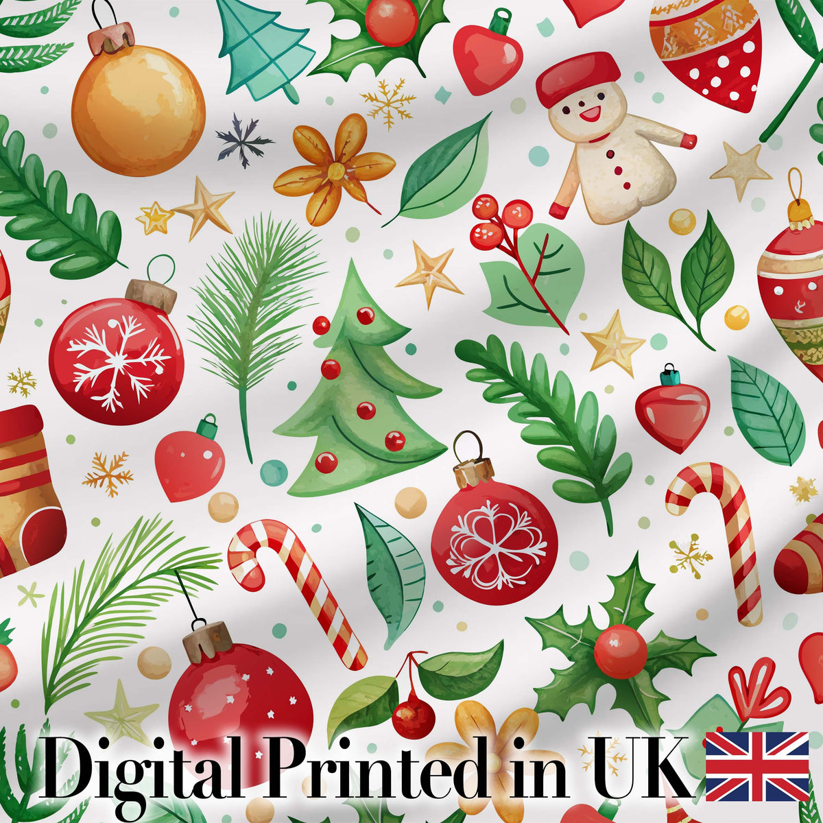 Cute Christmas Tree Snowman Candy Cane Baubles Seamless Pattern Digital Print Fabric by the Metre UK Sewing Quilting Textile