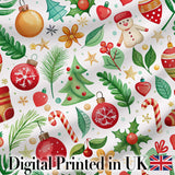 Cute Christmas Tree Snowman Candy Cane Baubles Seamless Pattern Digital Print Fabric by the Metre UK Sewing Quilting Textile