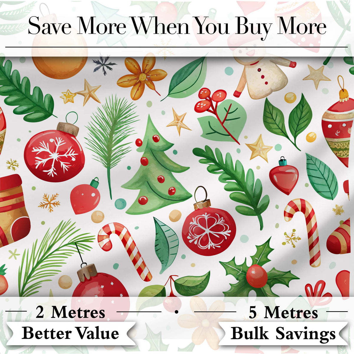 Cute Christmas Tree Snowman Candy Cane Baubles Seamless Pattern Digital Print Fabric by the Metre UK Sewing Quilting Textile