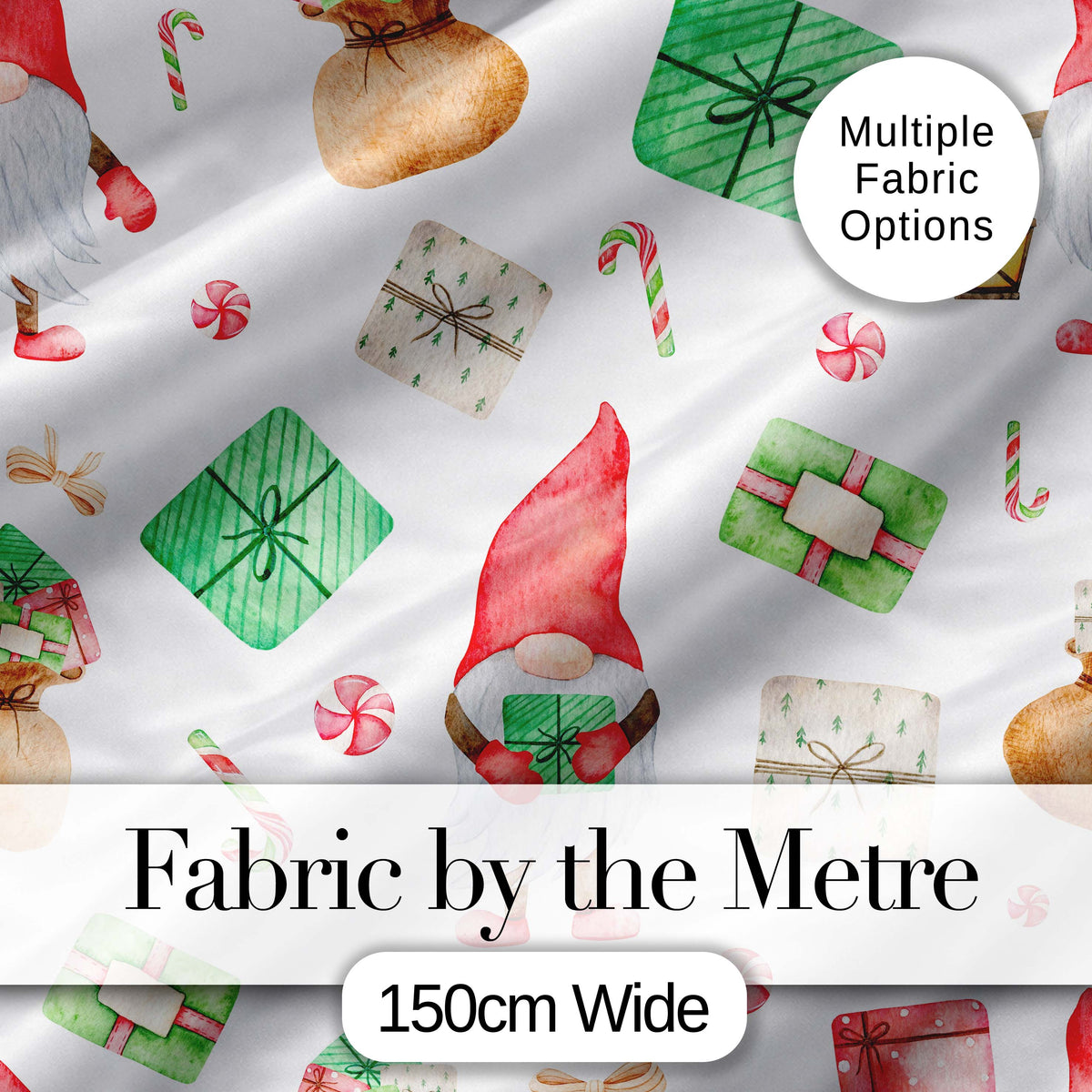 Cute Christmas Gnome Holding Gift Candy Cane Presents Seamless Pattern Digital Print Fabric by the Metre UK Sewing Quilting Textile