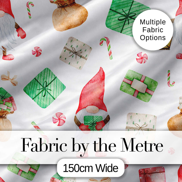 Cute Christmas Gnome Holding Gift Candy Cane Presents Seamless Pattern Digital Print Fabric by the Metre UK Sewing Quilting Textile