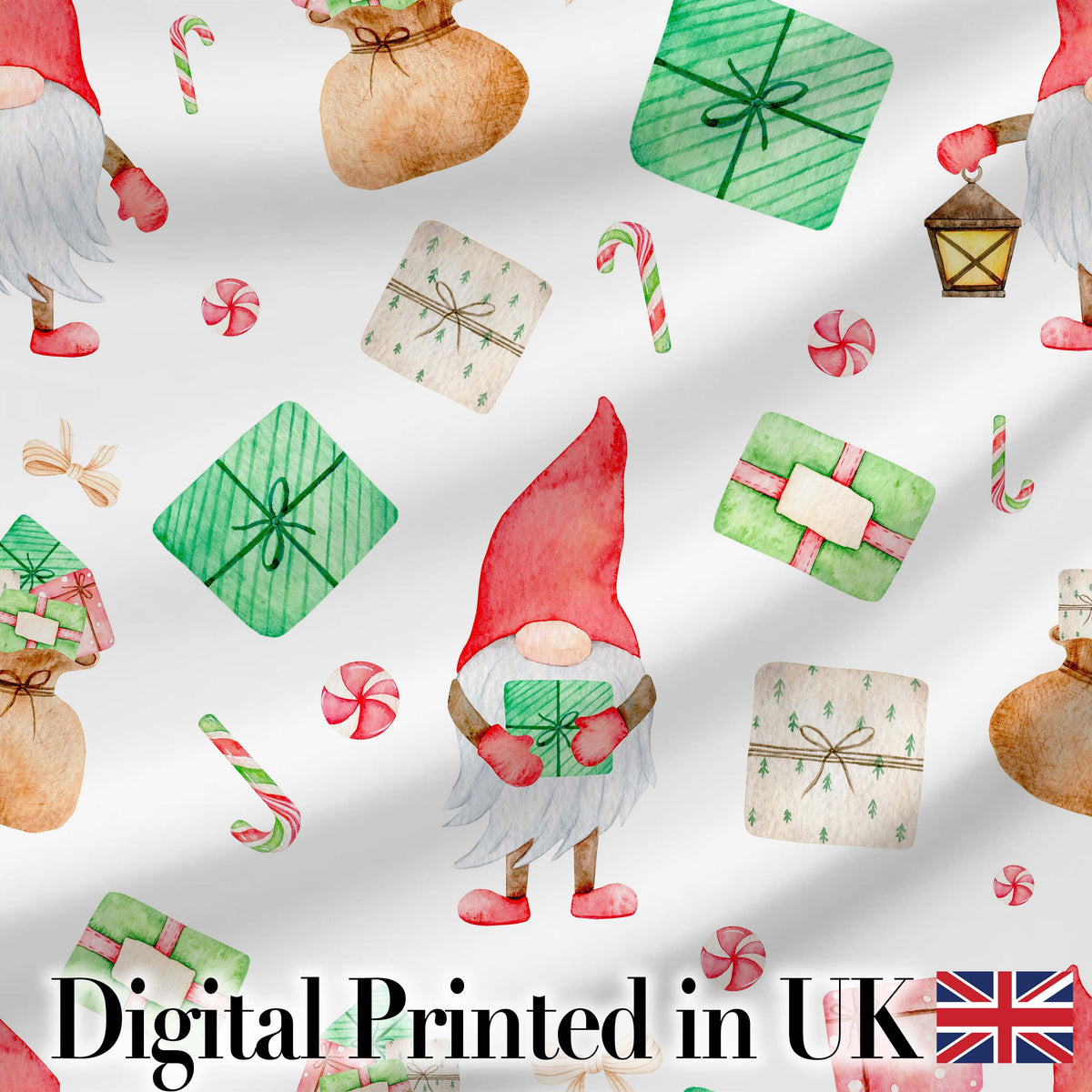 Cute Christmas Gnome Holding Gift Candy Cane Presents Seamless Pattern Digital Print Fabric by the Metre UK Sewing Quilting Textile
