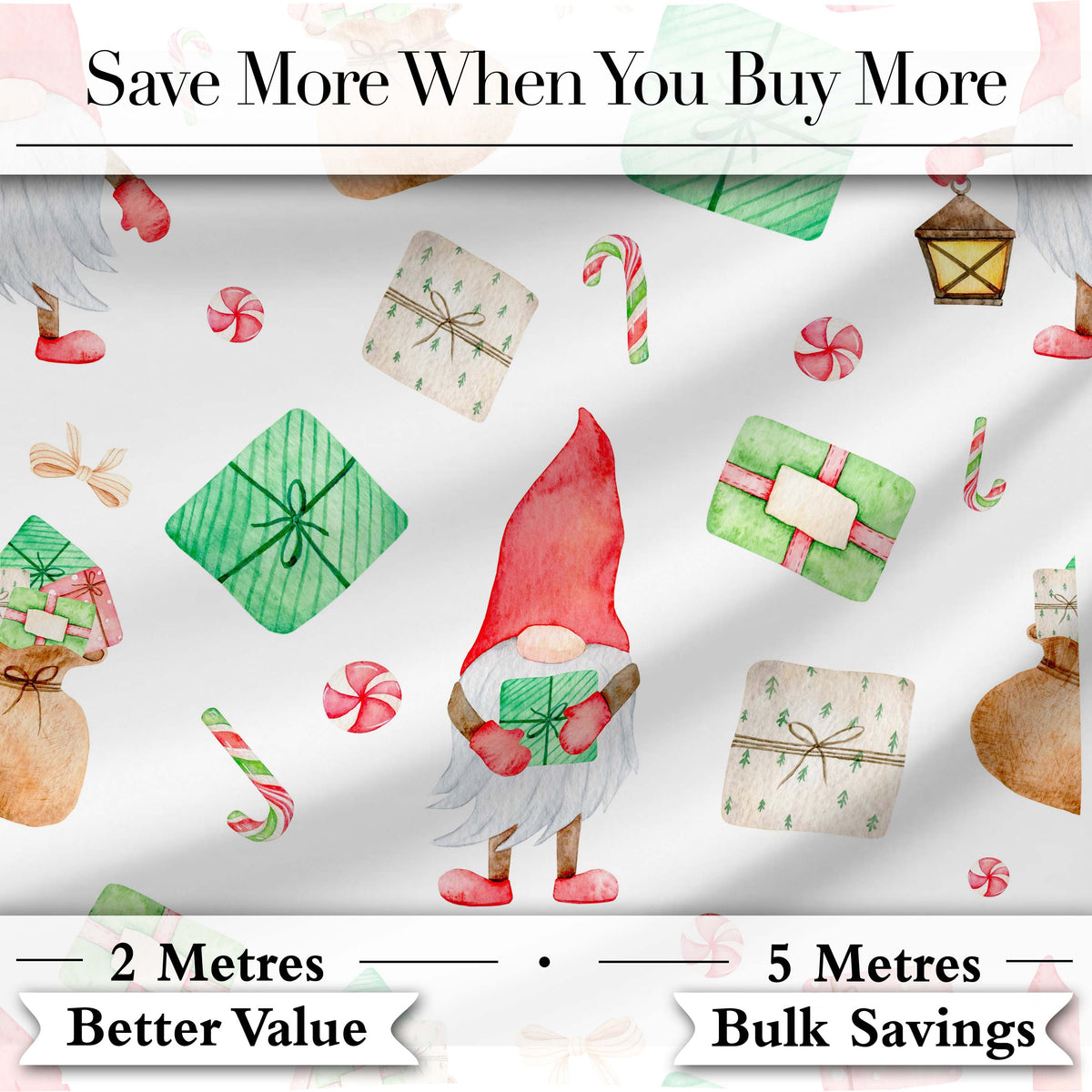 Cute Christmas Gnome Holding Gift Candy Cane Presents Seamless Pattern Digital Print Fabric by the Metre UK Sewing Quilting Textile