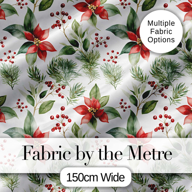 Watercolor Poinsettia Flowers Holly Leaves Red Berries Seamless Pattern Digital Print Fabric by the Metre UK Sewing Quilting Textile
