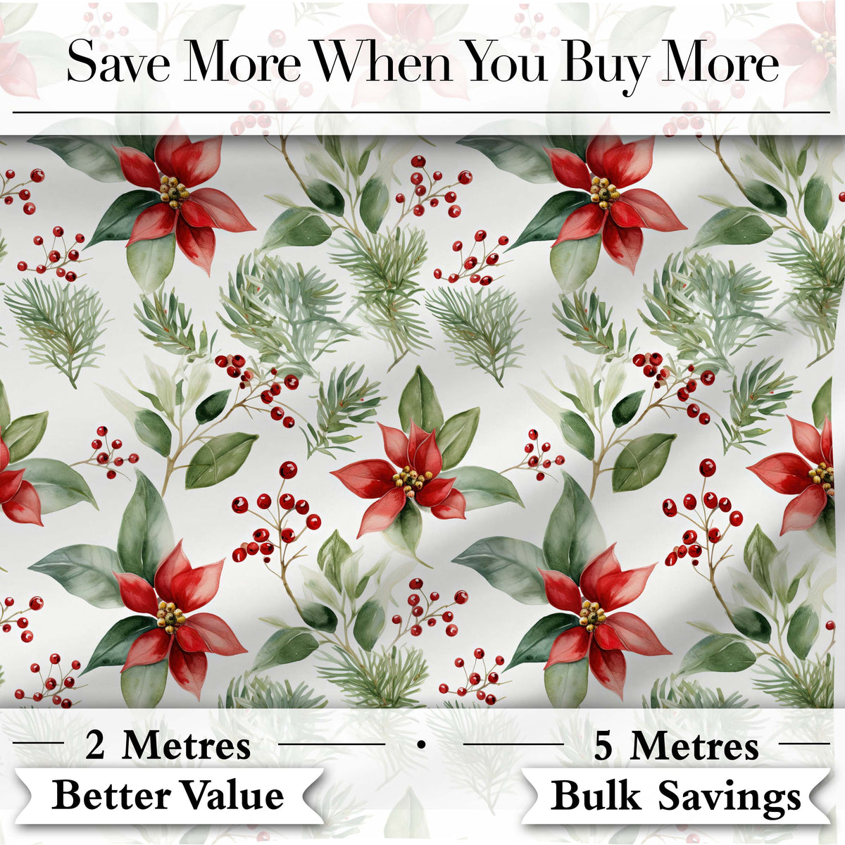 Watercolor Poinsettia Flowers Holly Leaves Red Berries Seamless Pattern Digital Print Fabric by the Metre UK Sewing Quilting Textile