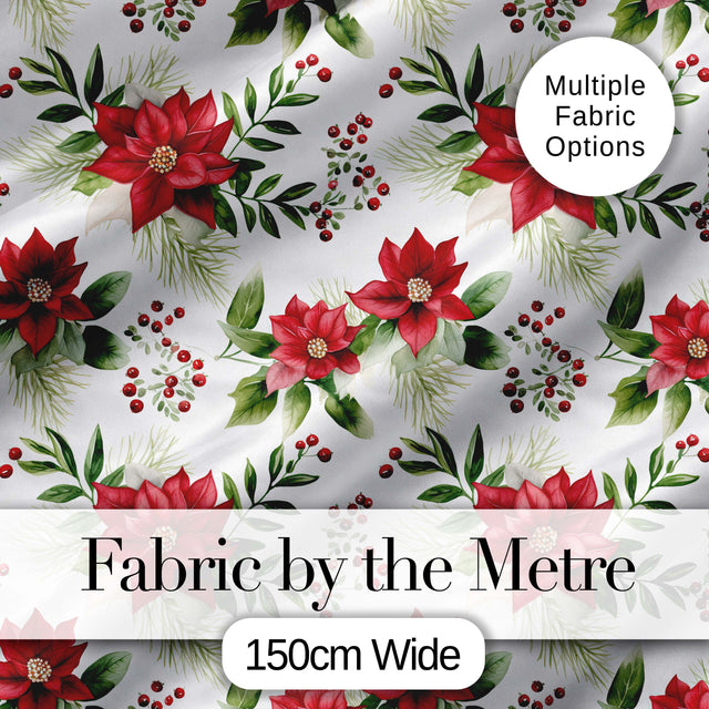 Elegant Poinsettia Flowers Green Leaves Festive Seamless Pattern Digital Print Fabric by the Metre UK Sewing Quilting Textile