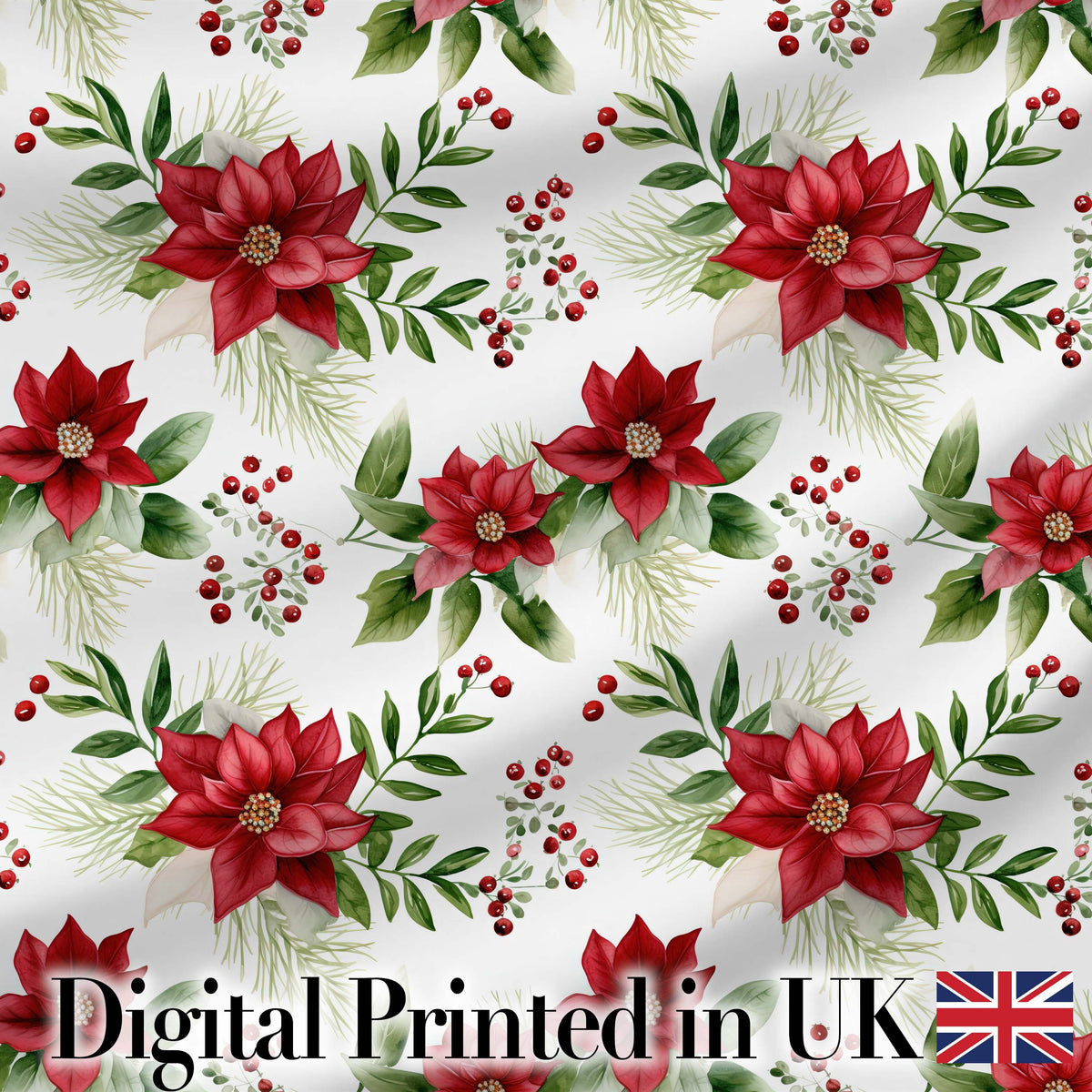 Elegant Poinsettia Flowers Green Leaves Festive Seamless Pattern Digital Print Fabric by the Metre UK Sewing Quilting Textile