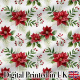 Elegant Poinsettia Flowers Green Leaves Festive Seamless Pattern Digital Print Fabric by the Metre UK Sewing Quilting Textile