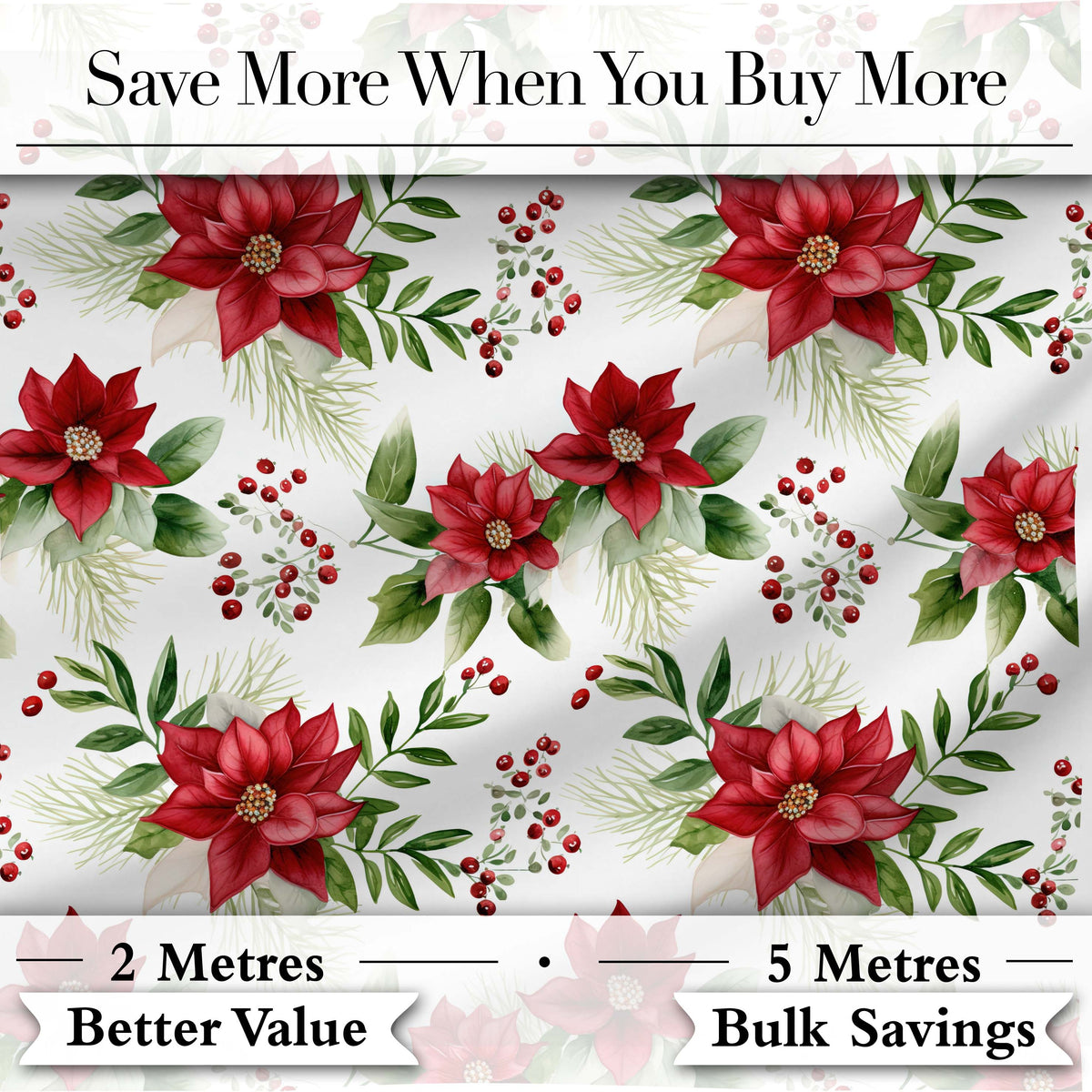 Elegant Poinsettia Flowers Green Leaves Festive Seamless Pattern Digital Print Fabric by the Metre UK Sewing Quilting Textile