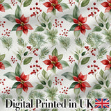 Watercolor Poinsettia Flowers Holly Leaves Red Berries Seamless Pattern Digital Print Fabric by the Metre UK Sewing Quilting Textile