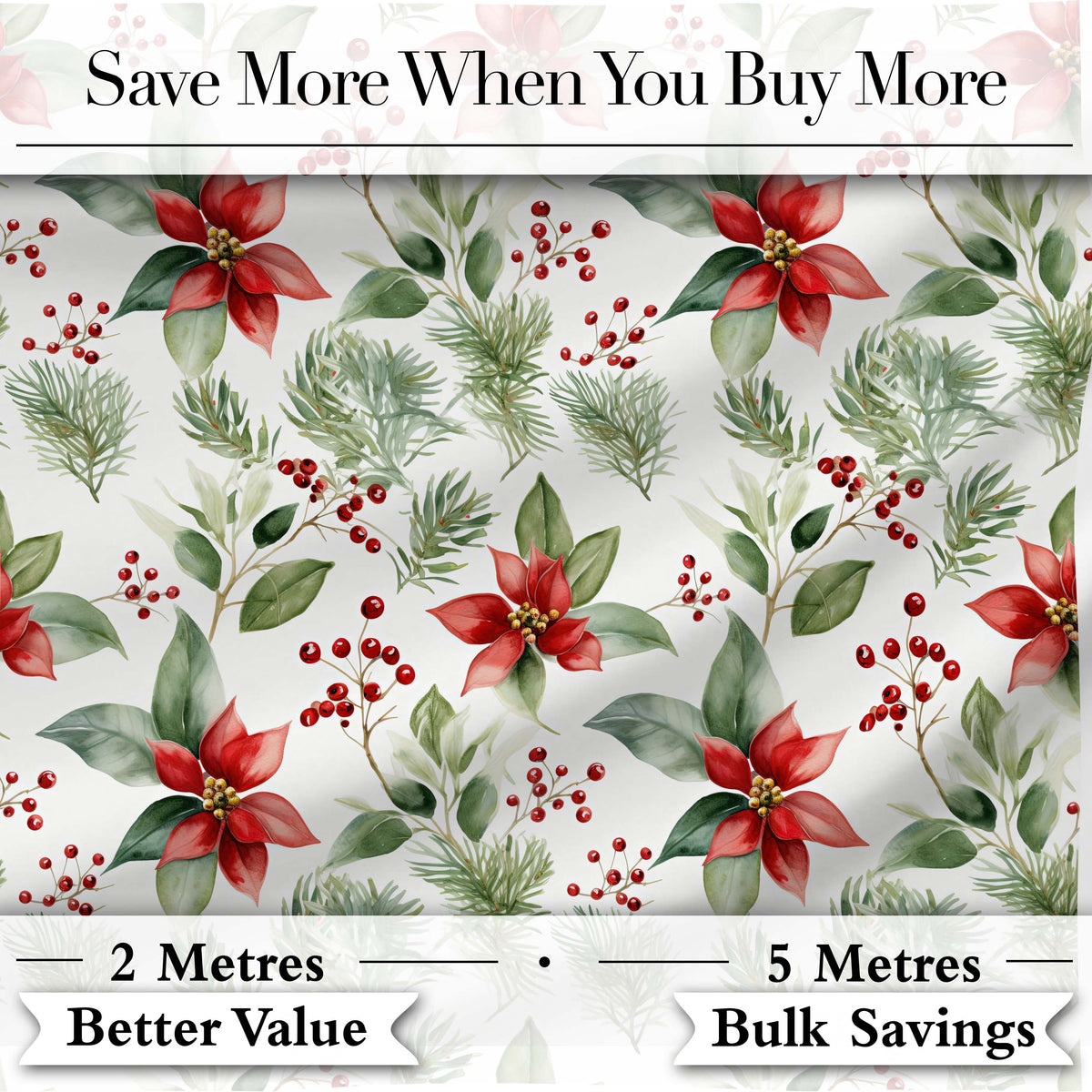 Watercolor Poinsettia Flowers Holly Leaves Red Berries Seamless Pattern Digital Print Fabric by the Metre UK Sewing Quilting Textile