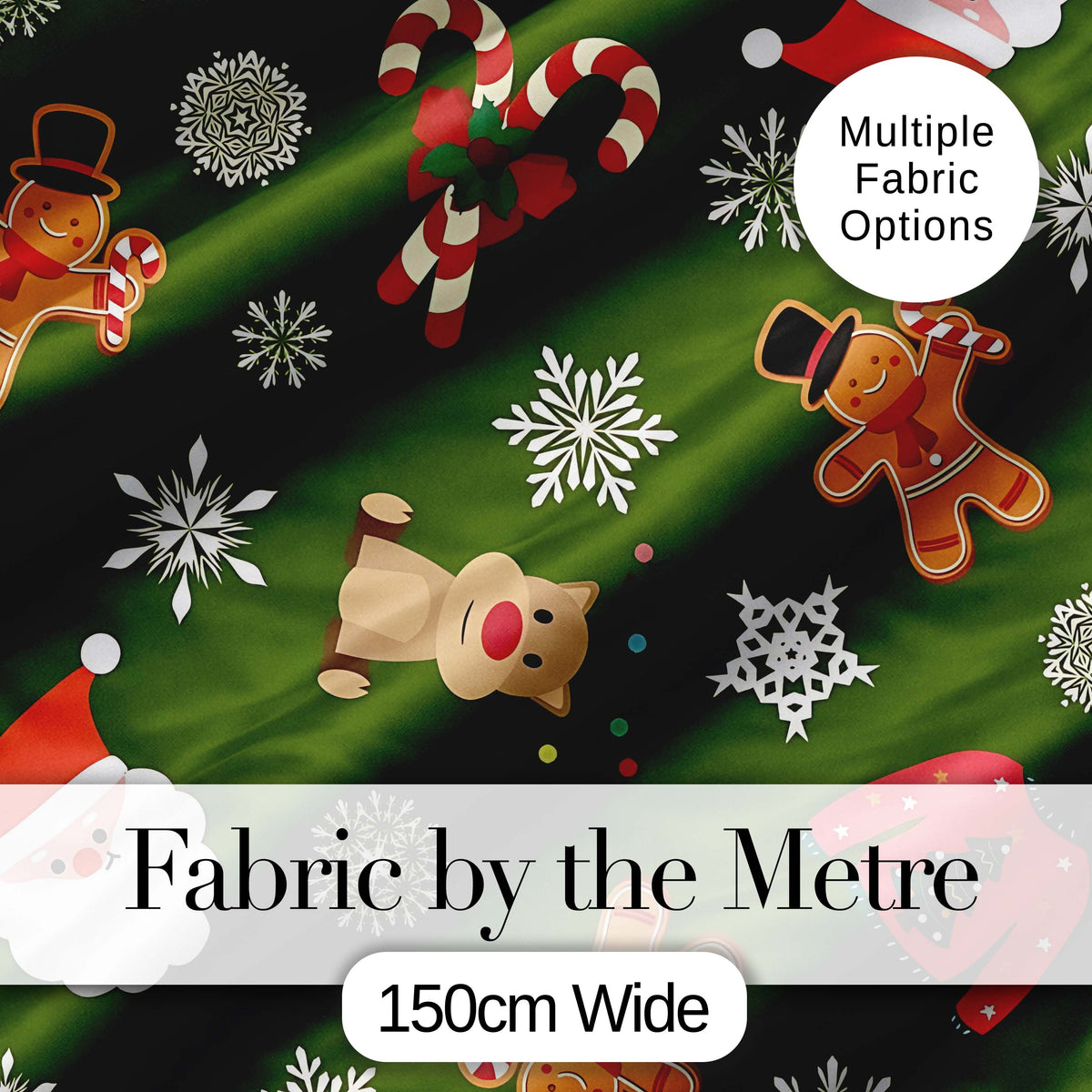 Cute Cartoon Reindeer Gingerbread Candy Cane Festive Seamless Pattern Digital Print Fabric by the Metre UK Sewing Quilting Textile