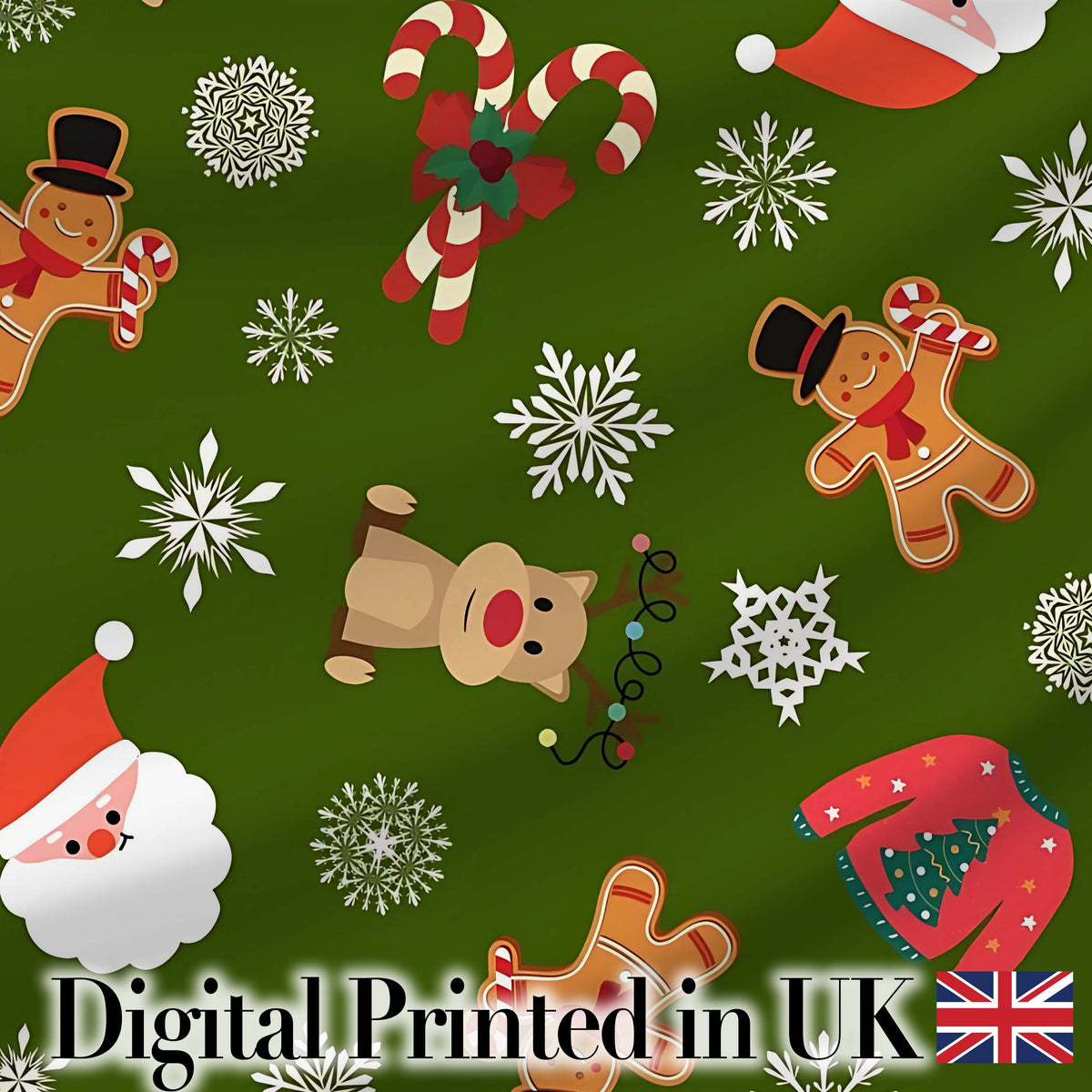 Cute Cartoon Reindeer Gingerbread Candy Cane Festive Seamless Pattern Digital Print Fabric by the Metre UK Sewing Quilting Textile