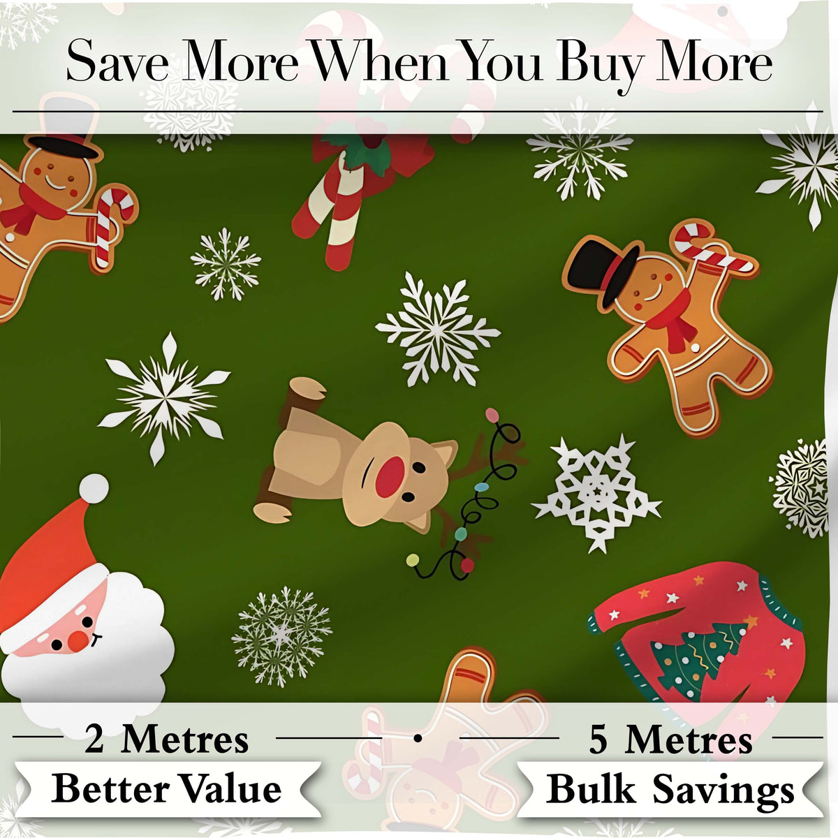 Cute Cartoon Reindeer Gingerbread Candy Cane Festive Seamless Pattern Digital Print Fabric by the Metre UK Sewing Quilting Textile