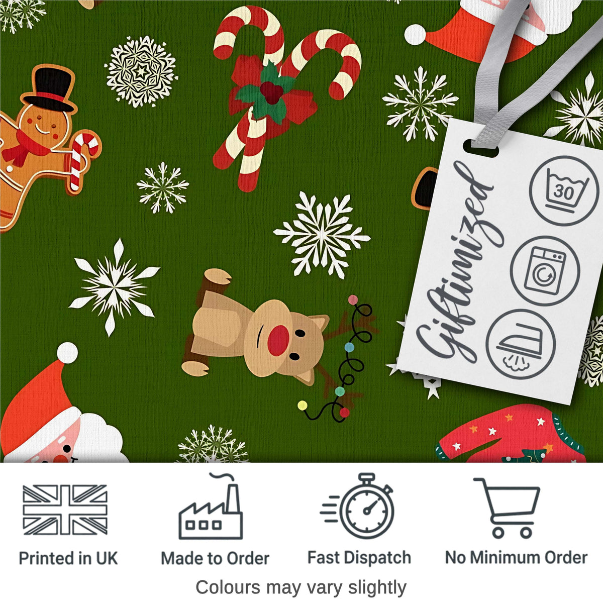 Cute Cartoon Reindeer Gingerbread Candy Cane Festive Seamless Pattern Digital Print Fabric by the Metre UK Sewing Quilting Textile