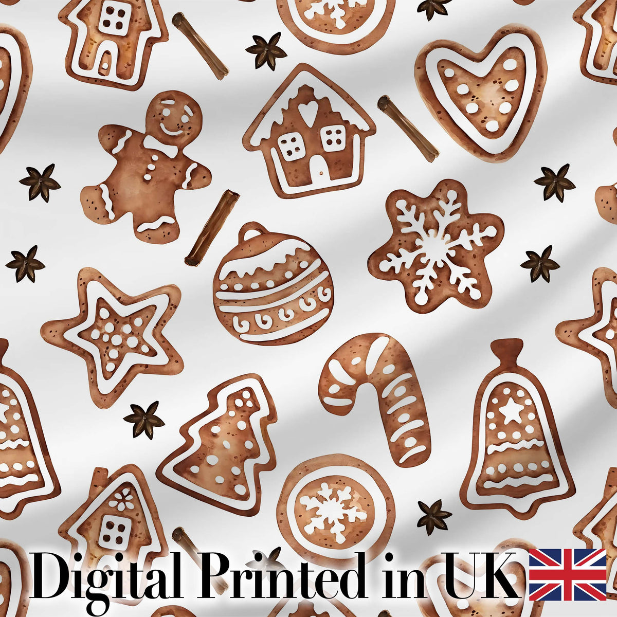 Watercolor Gingerbread Cookies Star Anise Festive Seamless Pattern Digital Print Fabric by the Metre UK Sewing Quilting Textile