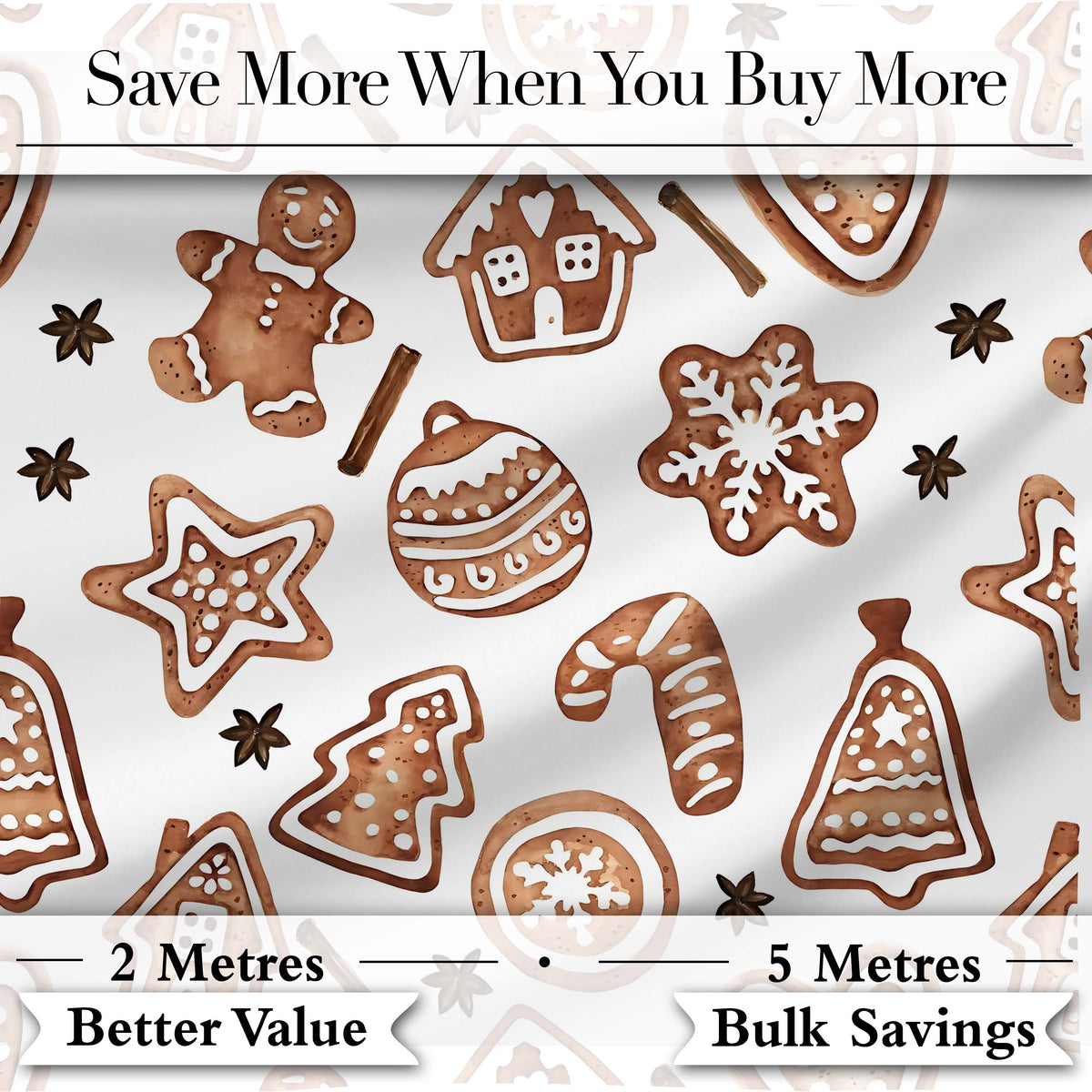 Watercolor Gingerbread Cookies Star Anise Festive Seamless Pattern Digital Print Fabric by the Metre UK Sewing Quilting Textile