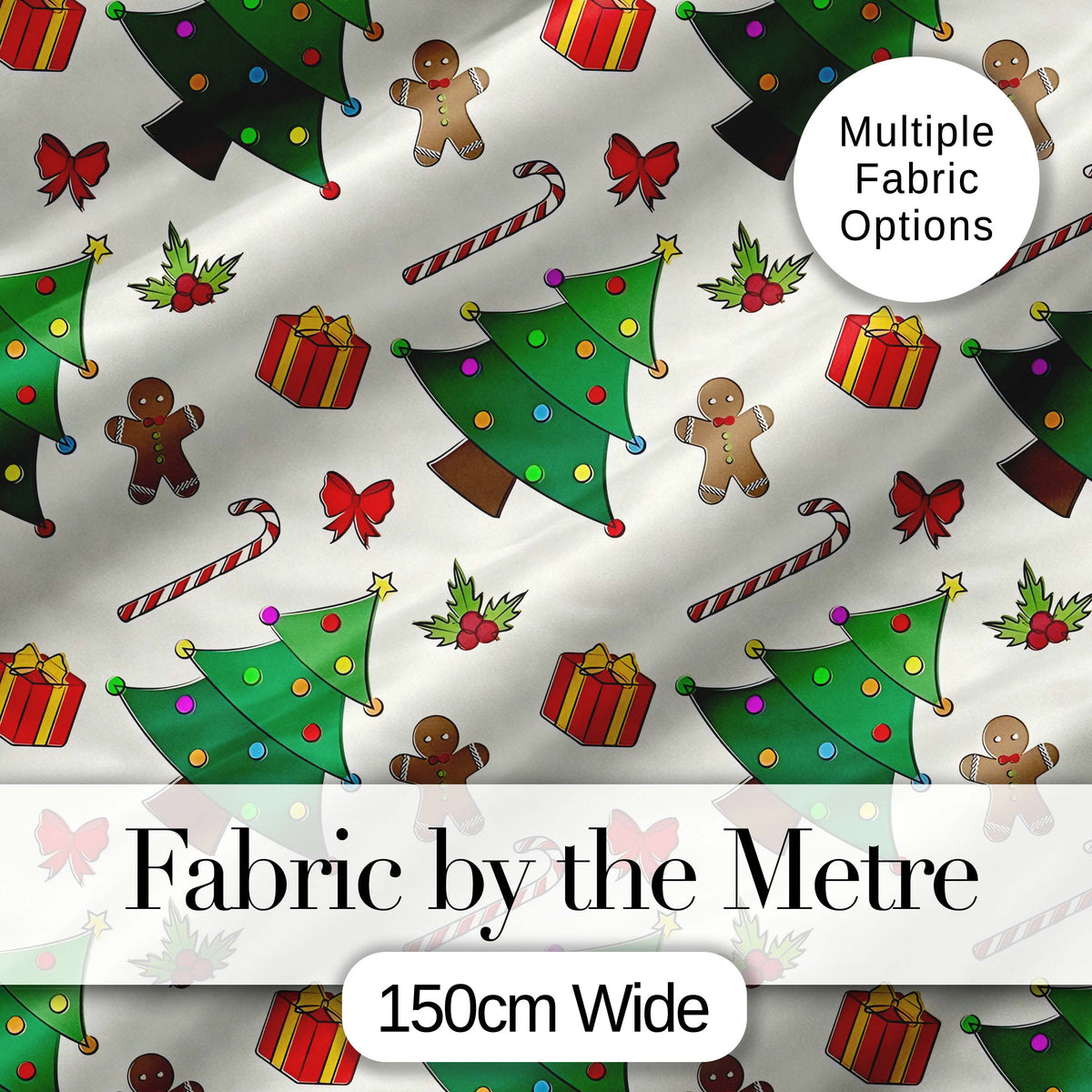 Cute Christmas Tree Gifts Candy Cane Gingerbread Seamless Pattern Digital Print Fabric by the Metre UK Sewing Quilting Textile