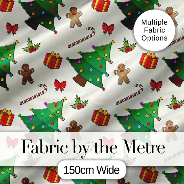 Cute Christmas Tree Gifts Candy Cane Gingerbread Seamless Pattern Digital Print Fabric by the Metre UK Sewing Quilting Textile