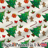 Cute Christmas Tree Gifts Candy Cane Gingerbread Seamless Pattern Digital Print Fabric by the Metre UK Sewing Quilting Textile