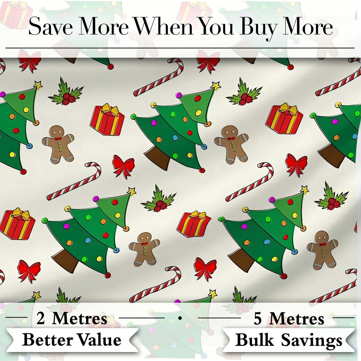 Cute Christmas Tree Gifts Candy Cane Gingerbread Seamless Pattern Digital Print Fabric by the Metre UK Sewing Quilting Textile