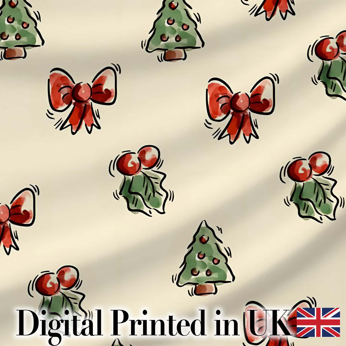 Cute Christmas Bows Holly Berries Tree Doodle Seamless Pattern Digital Print Fabric by the Metre UK Sewing Quilting Textile