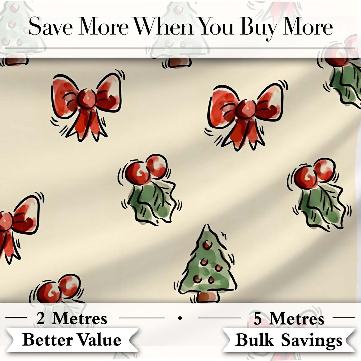 Cute Christmas Bows Holly Berries Tree Doodle Seamless Pattern Digital Print Fabric by the Metre UK Sewing Quilting Textile
