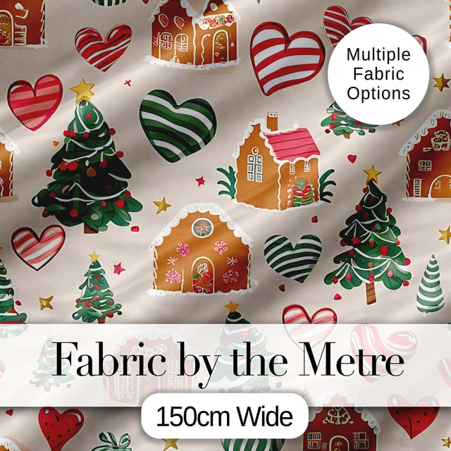 Cute Christmas Gingerbread Houses Hearts Trees Seamless Pattern Digital Print Fabric by the Metre UK Sewing Quilting Textile