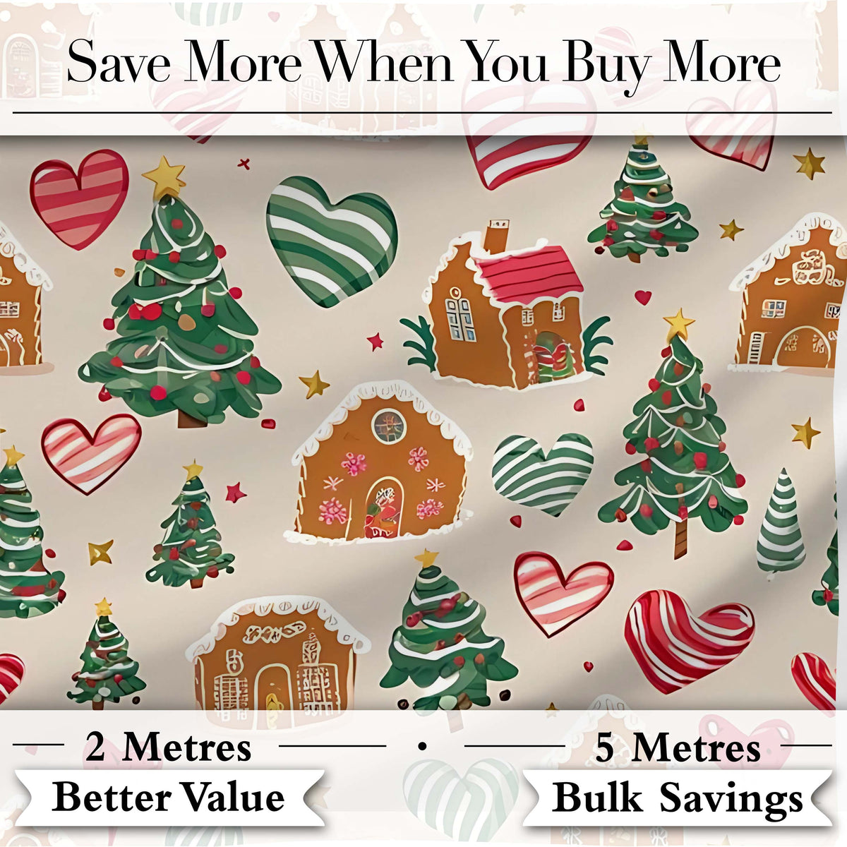 Cute Christmas Gingerbread Houses Hearts Trees Seamless Pattern Digital Print Fabric by the Metre UK Sewing Quilting Textile