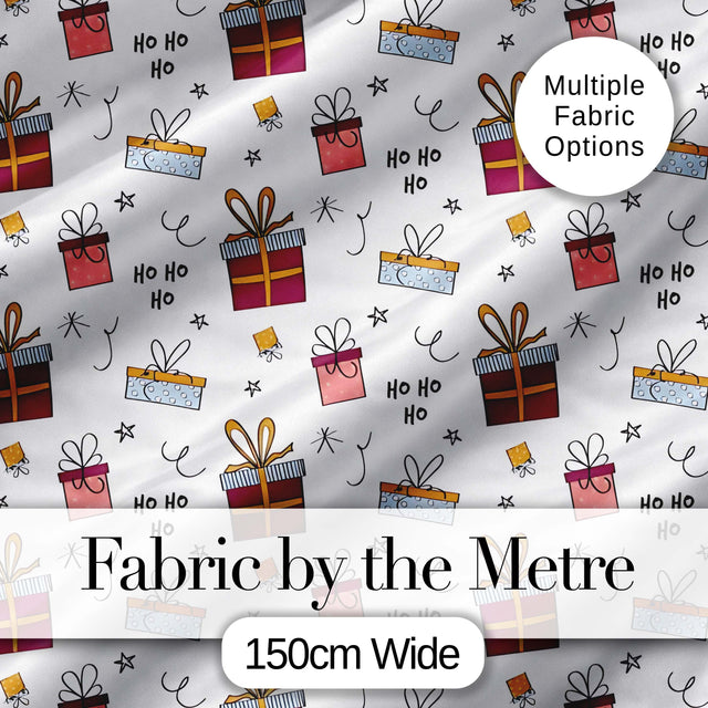 Cute Christmas Gift Boxes Ho Ho Doodle Seamless Pattern Digital Print Fabric by the Metre UK Sewing Quilting Textile