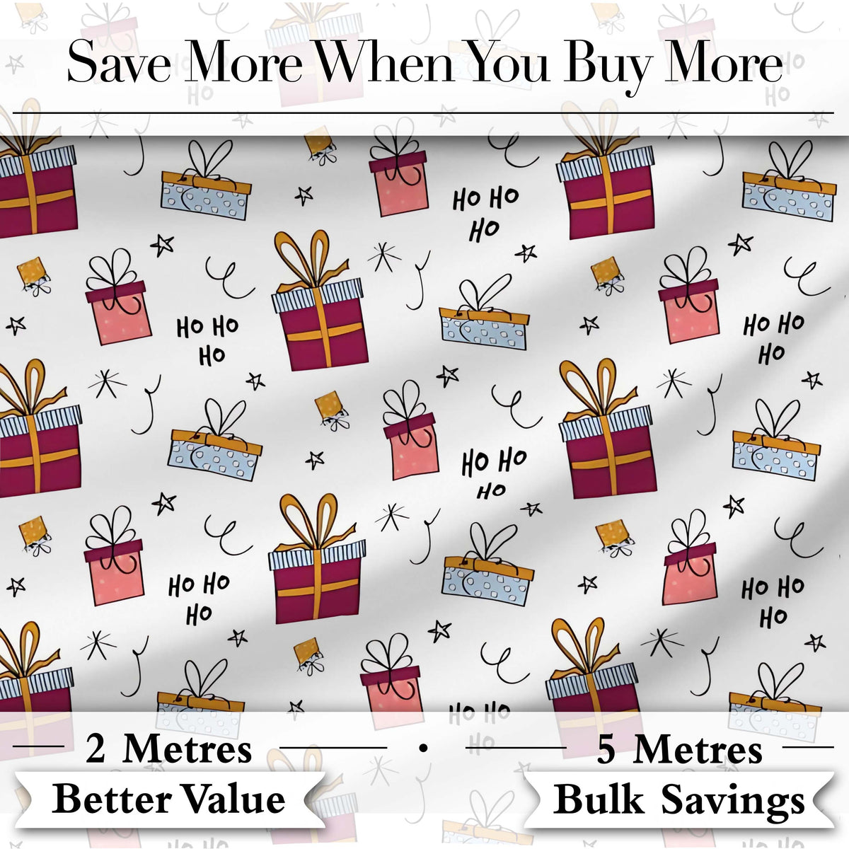 Cute Christmas Gift Boxes Ho Ho Doodle Seamless Pattern Digital Print Fabric by the Metre UK Sewing Quilting Textile