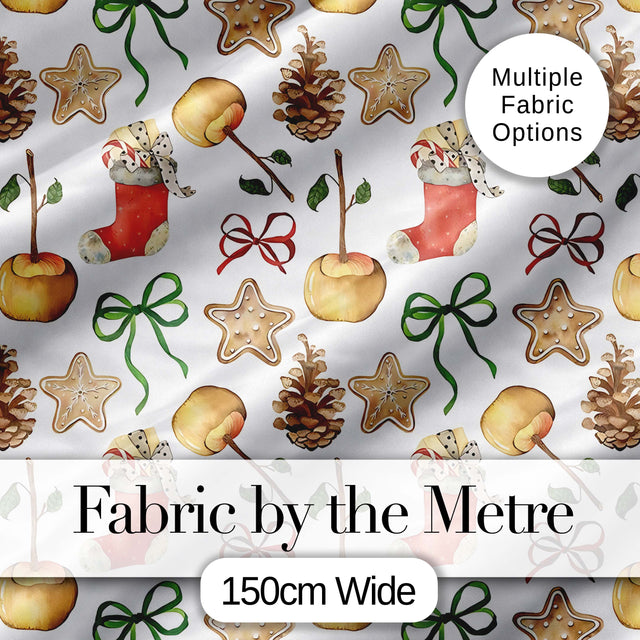 Cute Christmas Apples Pinecone Cookies Bows Seamless Pattern Digital Print Fabric by the Metre UK Sewing Quilting Textile