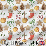 Cute Christmas Apples Pinecone Cookies Bows Seamless Pattern Digital Print Fabric by the Metre UK Sewing Quilting Textile