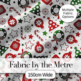 Cute Christmas Ornaments Candy Cane Tree Wreath Seamless Pattern Digital Print Fabric by the Metre UK Sewing Quilting Textile