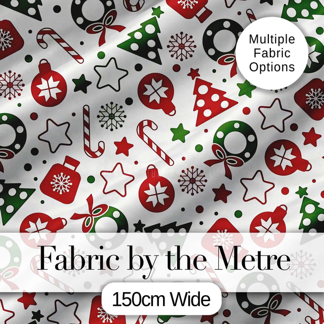 Cute Christmas Ornaments Candy Cane Tree Wreath Seamless Pattern Digital Print Fabric by the Metre UK Sewing Quilting Textile