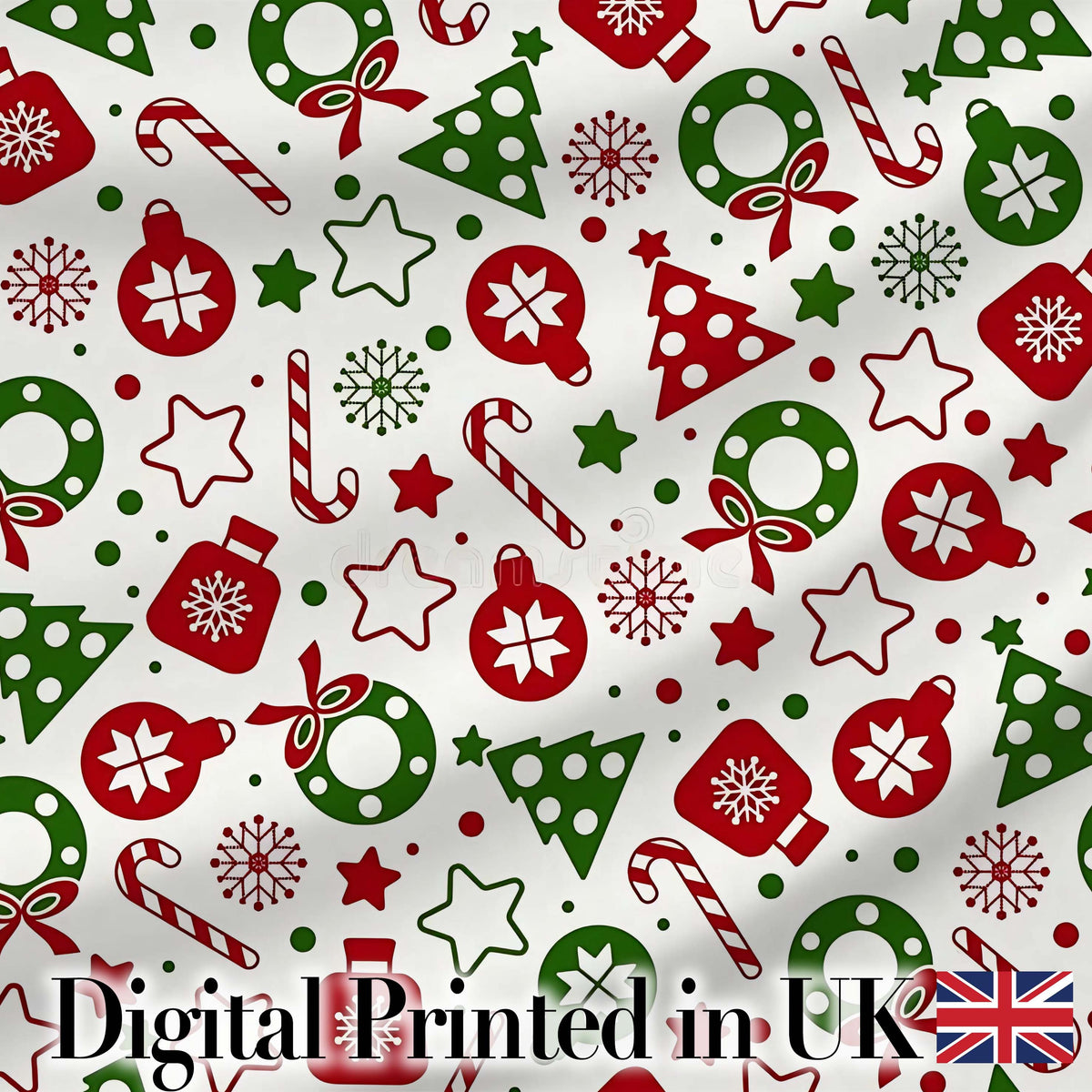 Cute Christmas Ornaments Candy Cane Tree Wreath Seamless Pattern Digital Print Fabric by the Metre UK Sewing Quilting Textile