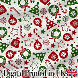Cute Christmas Ornaments Candy Cane Tree Wreath Seamless Pattern Digital Print Fabric by the Metre UK Sewing Quilting Textile
