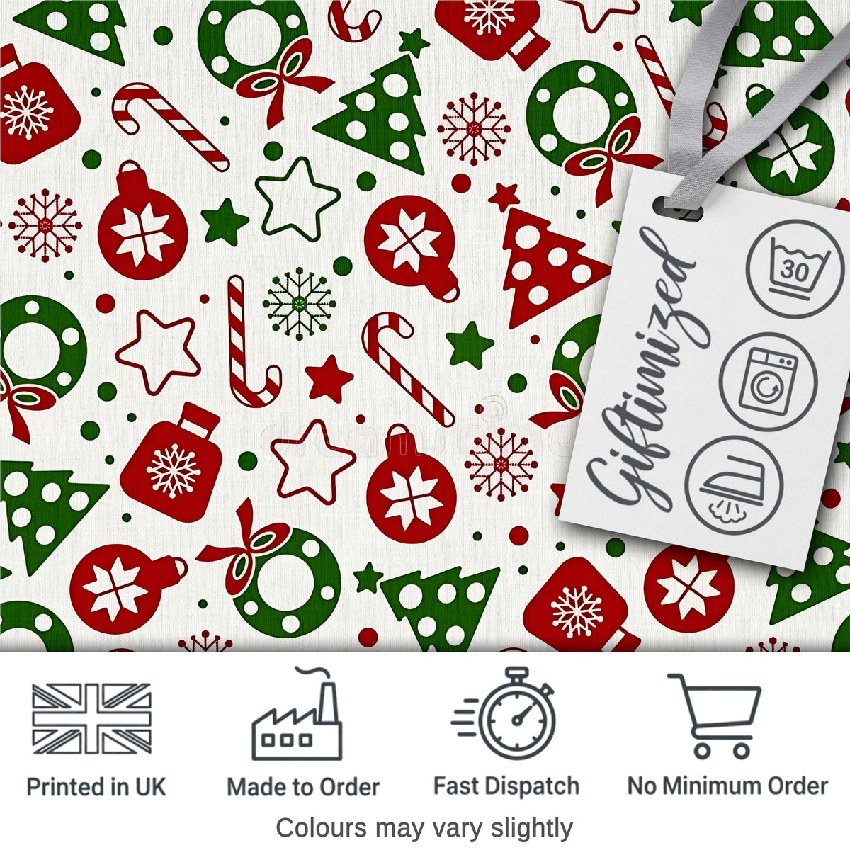 Cute Christmas Ornaments Candy Cane Tree Wreath Seamless Pattern Digital Print Fabric by the Metre UK Sewing Quilting Textile
