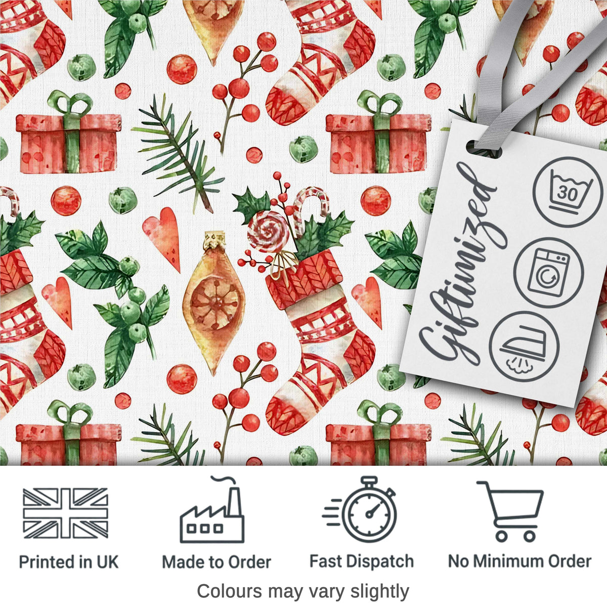 Cute Christmas Stocking Gifts Holly Leaves Seamless Pattern Digital Print Fabric by the Metre UK Sewing Quilting Textile