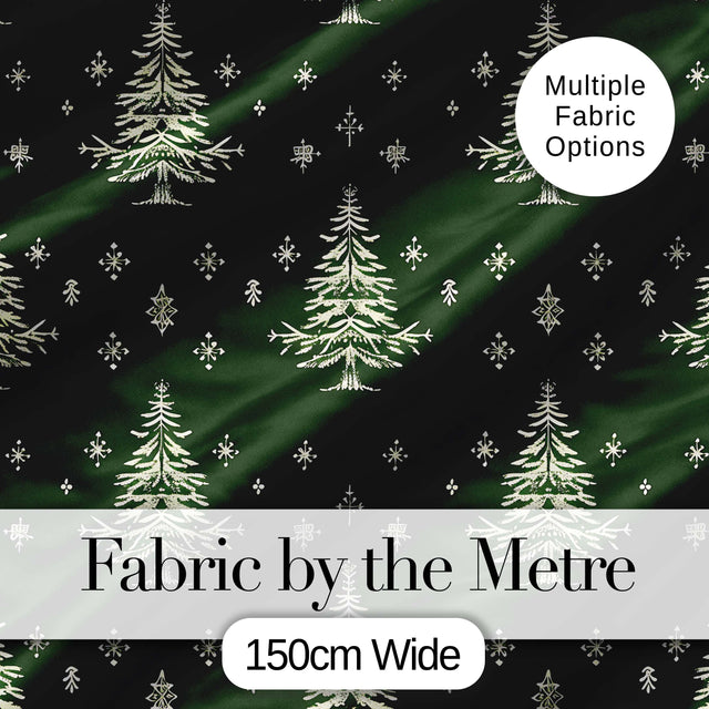 Vintage White Christmas Trees and Snowflakes Green Seamless Pattern Digital Print Fabric by the Metre UK Sewing Quilting Textile