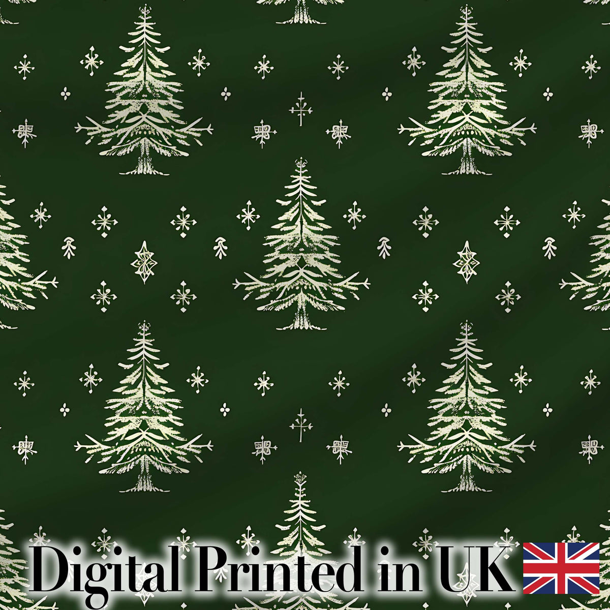 Vintage White Christmas Trees and Snowflakes Green Seamless Pattern Digital Print Fabric by the Metre UK Sewing Quilting Textile