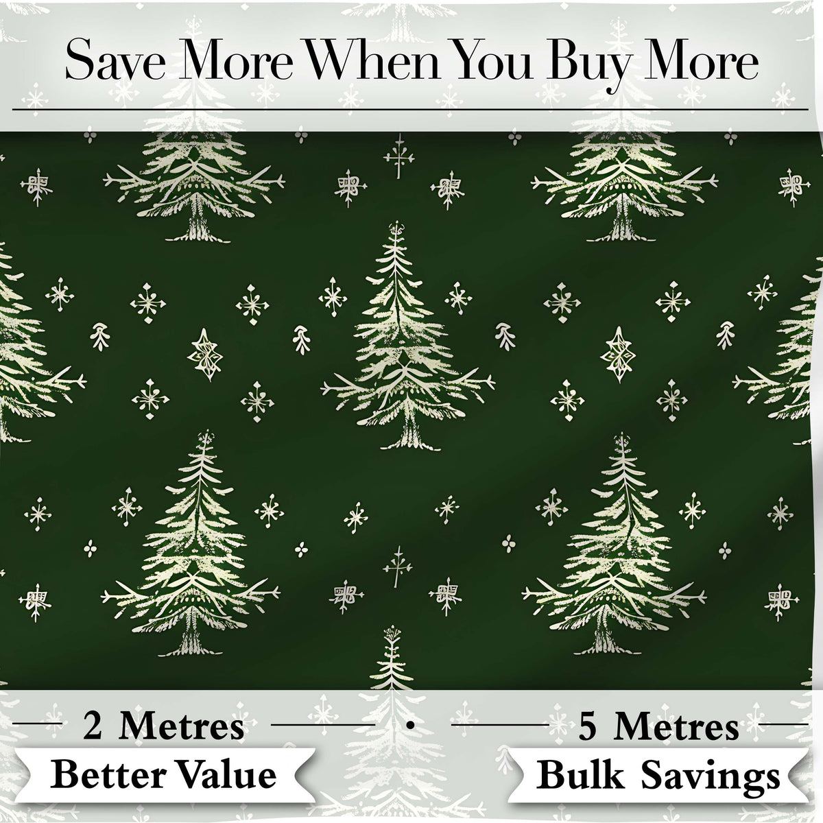 Vintage White Christmas Trees and Snowflakes Green Seamless Pattern Digital Print Fabric by the Metre UK Sewing Quilting Textile