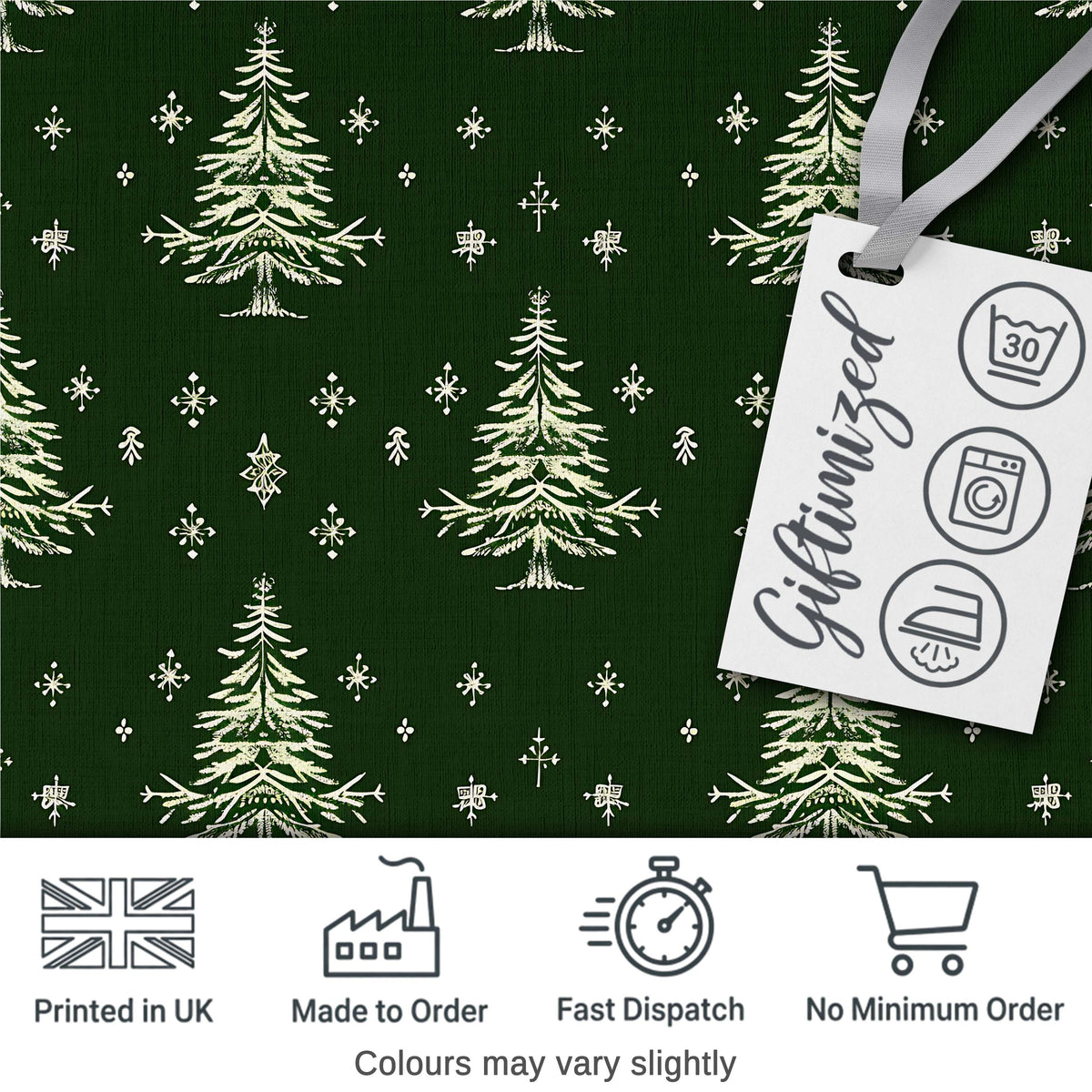 Vintage White Christmas Trees and Snowflakes Green Seamless Pattern Digital Print Fabric by the Metre UK Sewing Quilting Textile
