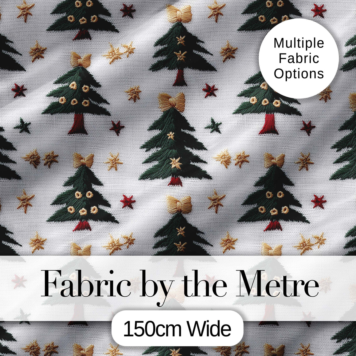Festive Embroidered Christmas Trees Stars Seamless Pattern Digital Print Fabric by the Metre UK Sewing Quilting Textile