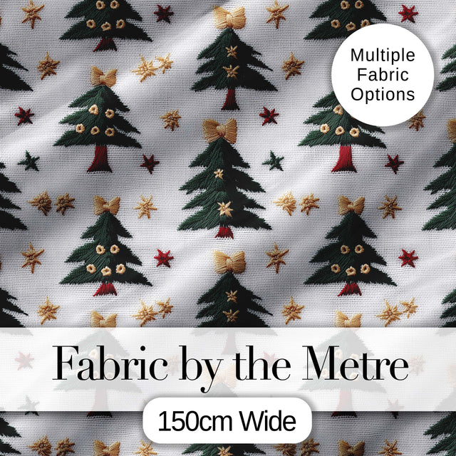 Festive Embroidered Christmas Trees Stars Seamless Pattern Digital Print Fabric by the Metre UK Sewing Quilting Textile