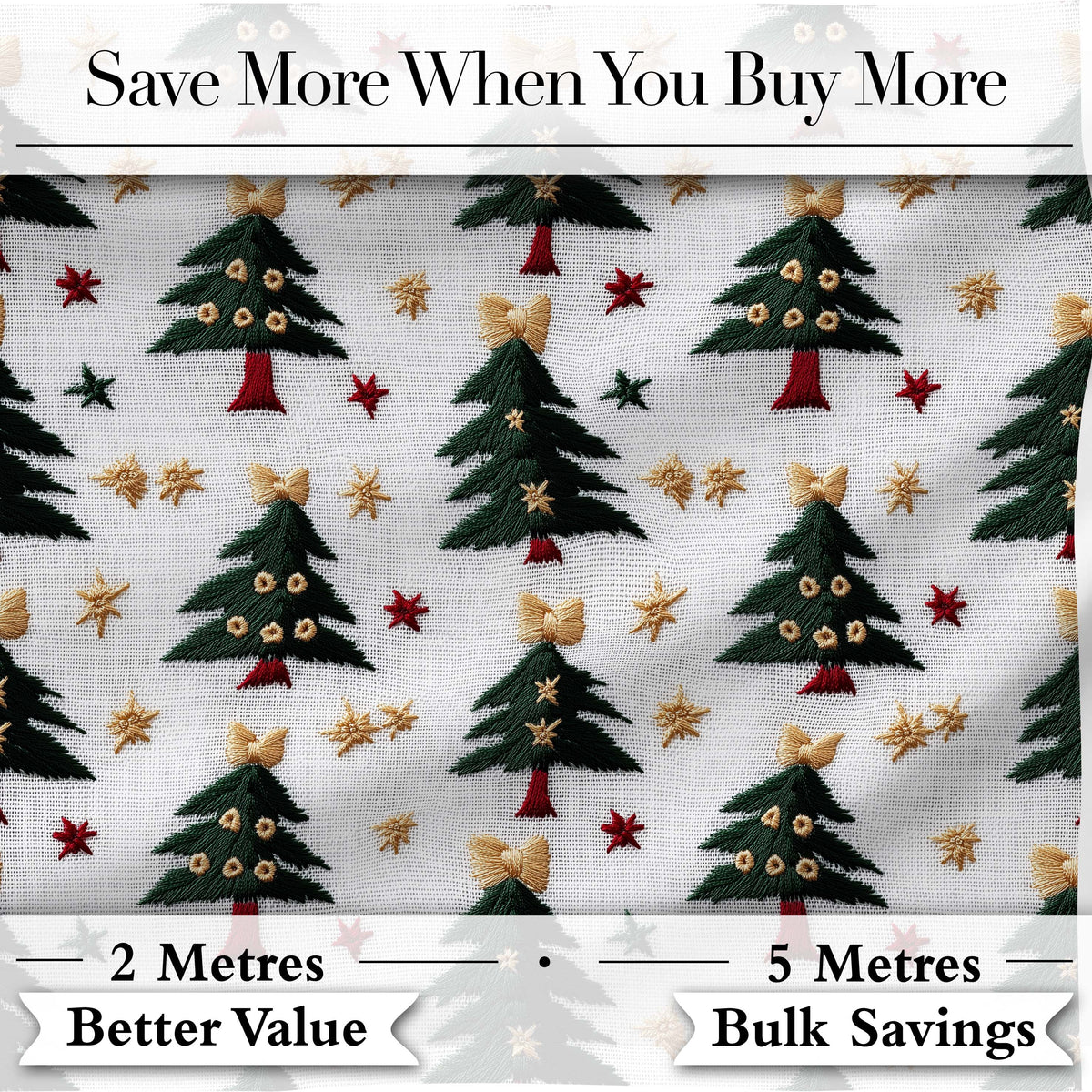 Festive Embroidered Christmas Trees Stars Seamless Pattern Digital Print Fabric by the Metre UK Sewing Quilting Textile